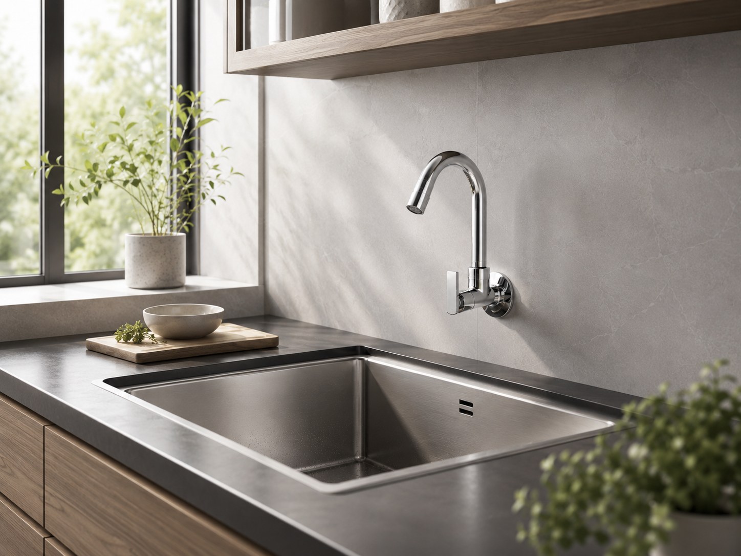 Dark premium kitchen sink and faucet detail in an installed interior