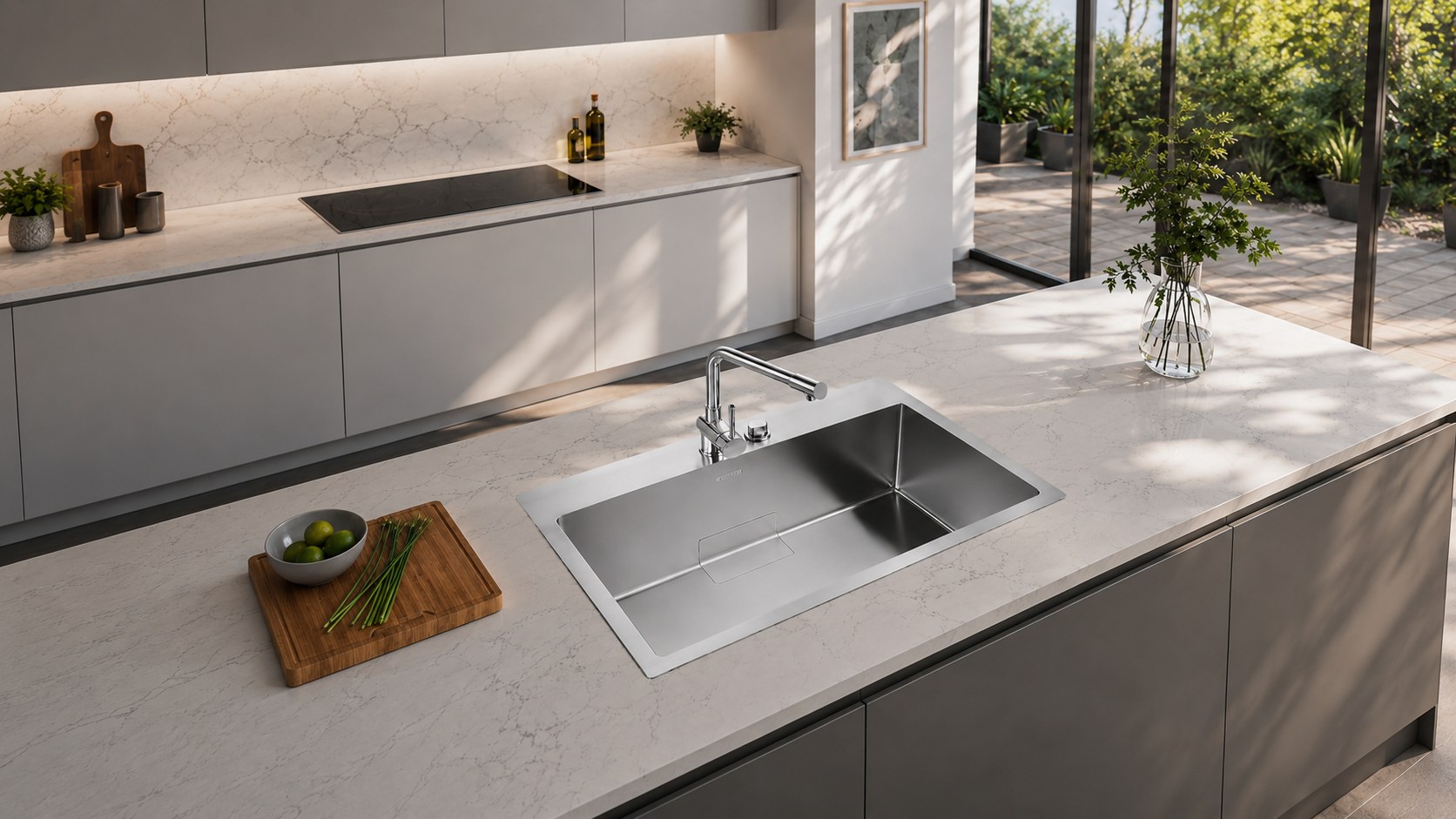 Modern kitchen retreat with a premium workstation sink and warm daylight