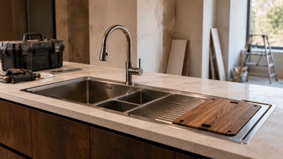 Workstation sink installed on an active project site with tools nearby