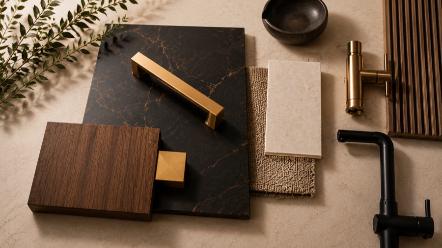 Interior material board with brass hardware, wood, stone and faucet finishes