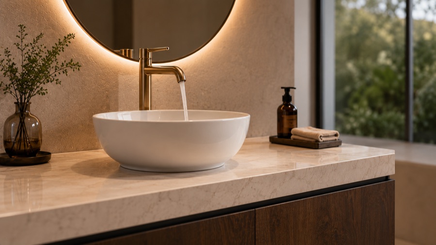 Warm bathroom vanity with a brass faucet and basin