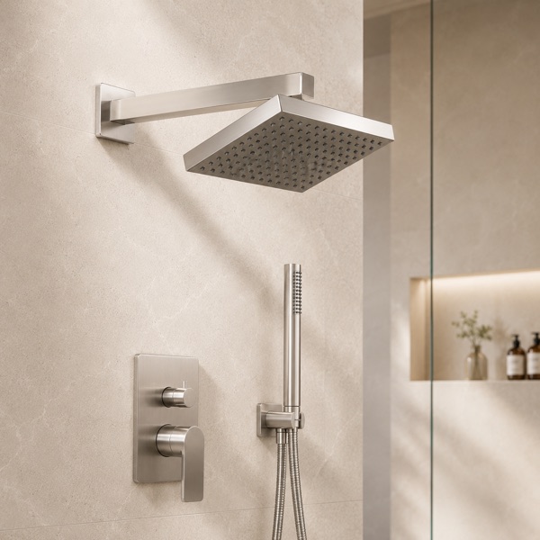 Brushed nickel rain shower
