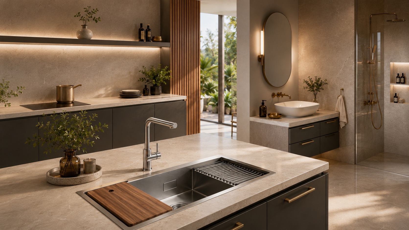 Luxury kitchen and bathroom showroom with premium sink, basin, shower and brass hardware