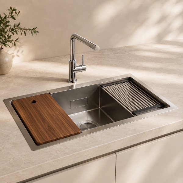 Premium workstation sink with board and rack